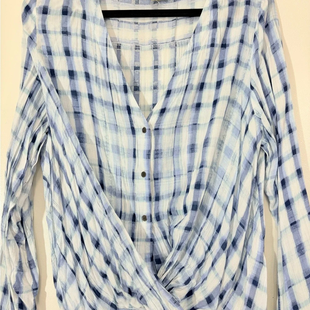 a.n.a Blue and White Wrap Blouse with Mandarin Collar - Picture 2 of 5